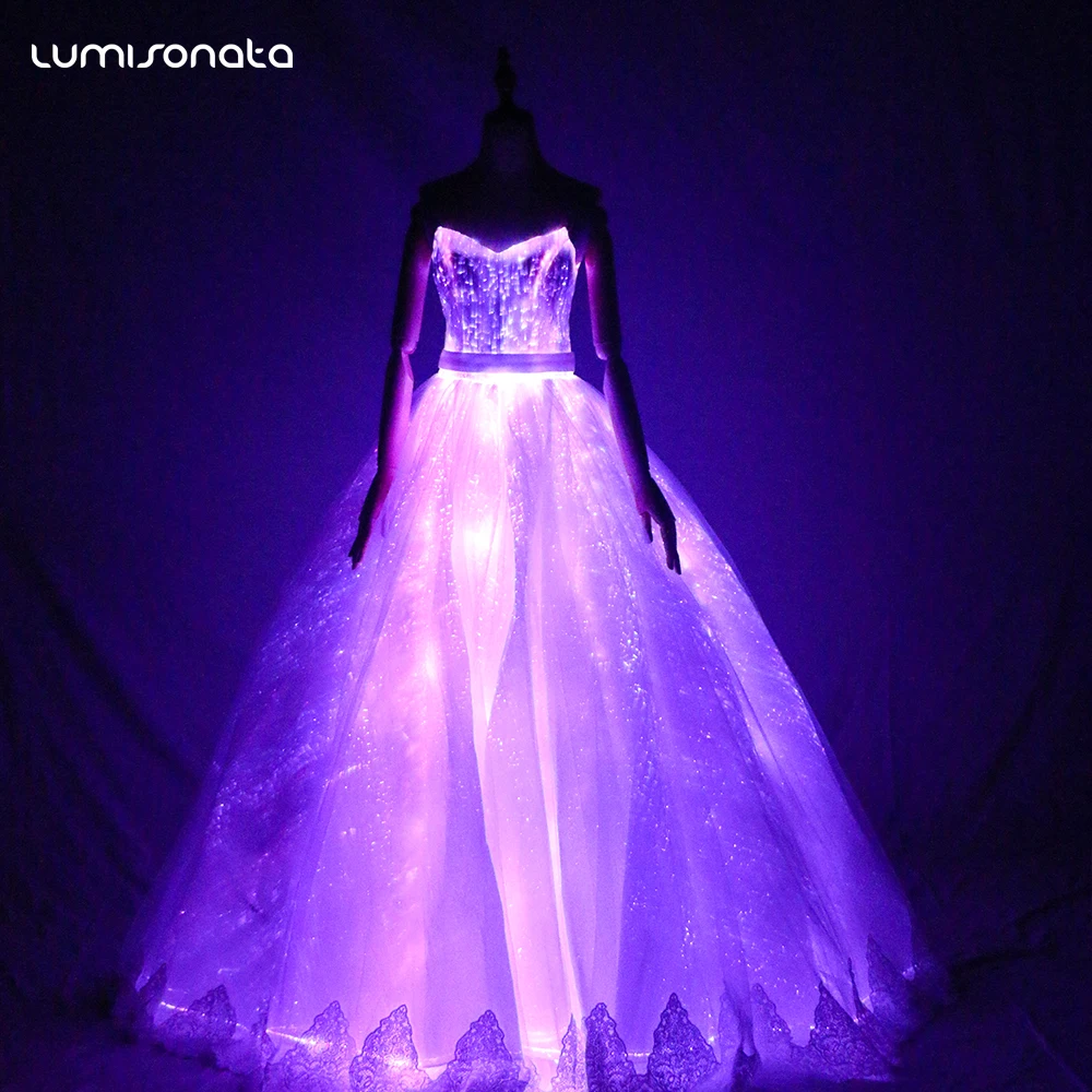 Lumisonata Light Up Glow In The Dark Fiber Optic Fabric Women Customizable Luminous Dress Led Long Skirt For Wedding Party