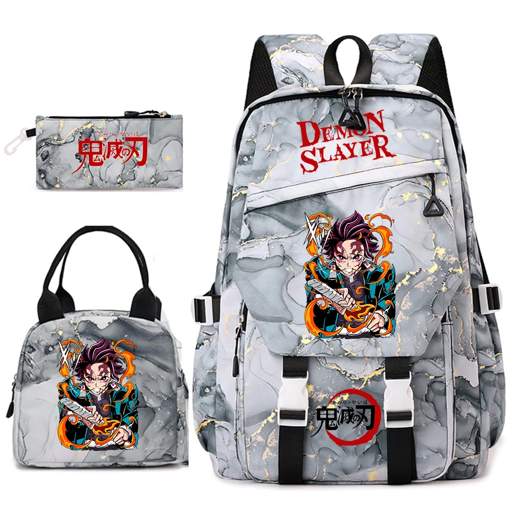 Demon Slayer Girls School Backpack 3Pcs Set Anime Student Bookbag Lunch Tote Pencil Case