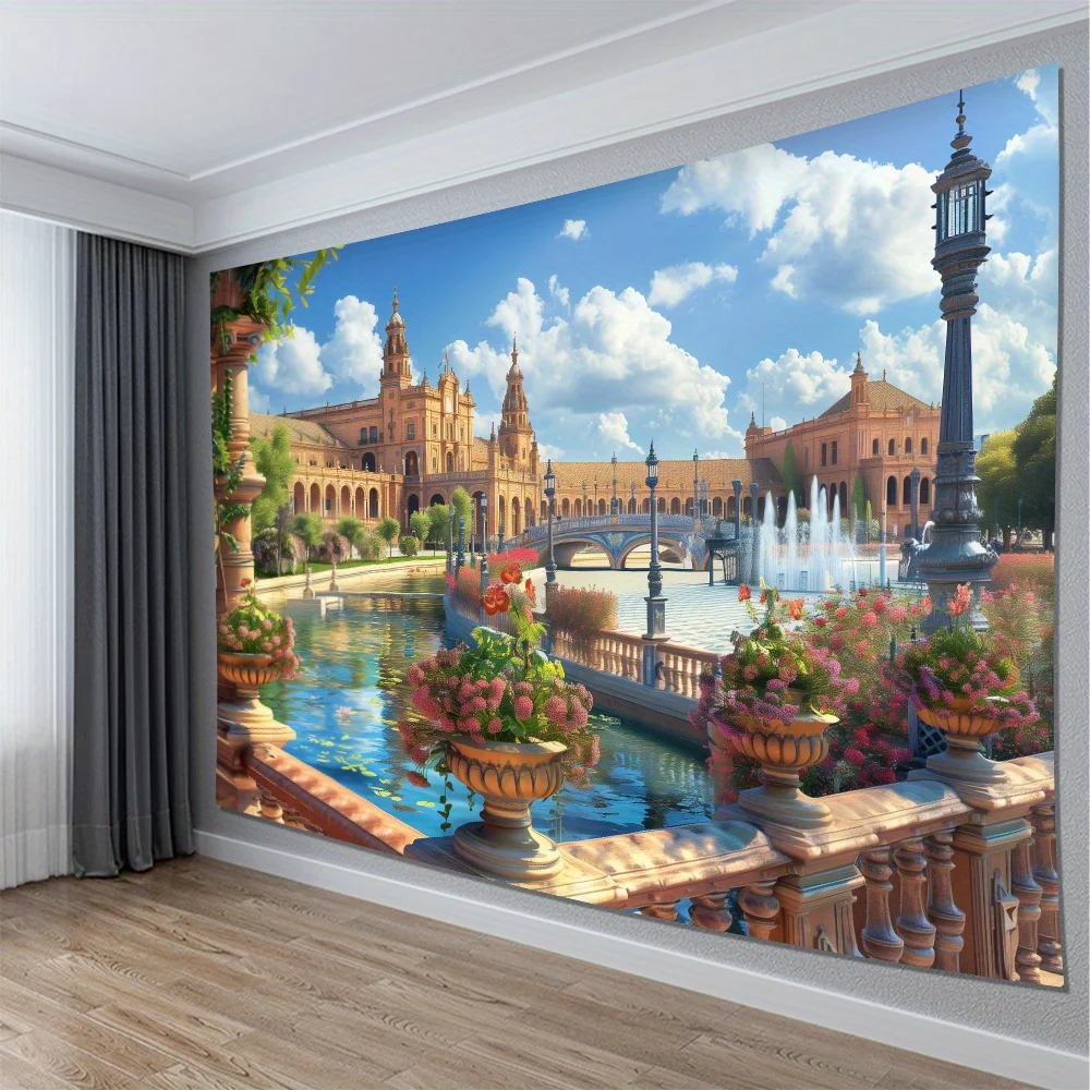 Seville Plaza Tapestry 2D Digital Print Polyester Wall Hanging Living Room Bedroom Office Decor with Hooks