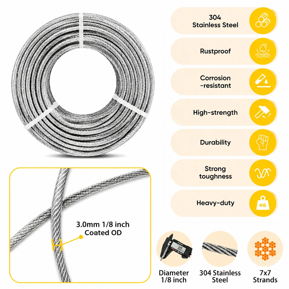 3mm Stainless Steel Wire Rope PVC Coated 15/30M Cable Suspension Kit used for Fence Safety Protection Tent Sunshade