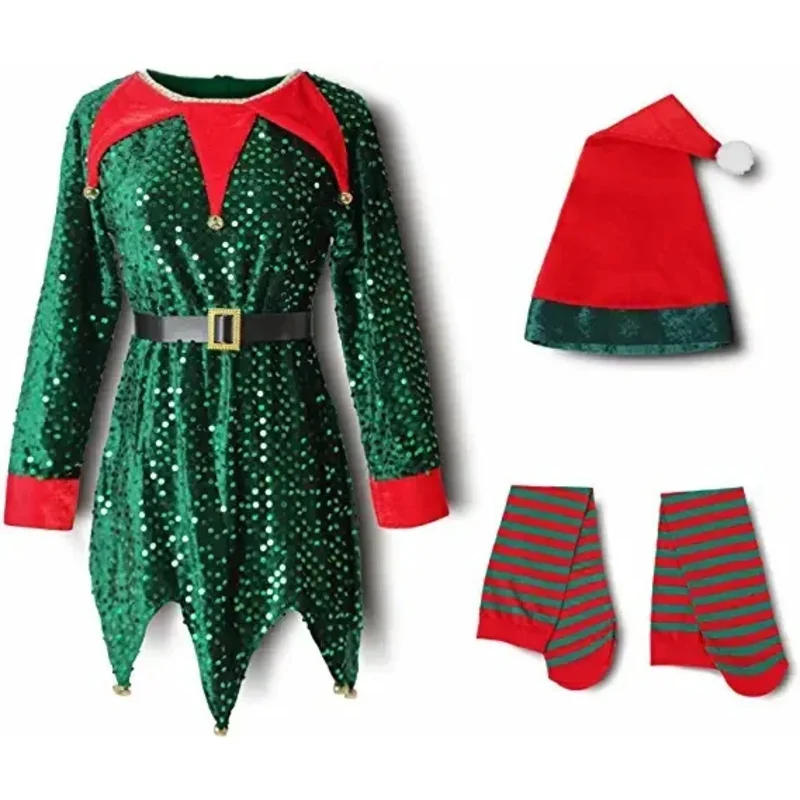 Weihnachten Santa Claus Kleid für Mädchen Jungen Elf Cosplay Neujahr glänzende Pailletten grün rot Kleidung Weihnachten Socken Hut