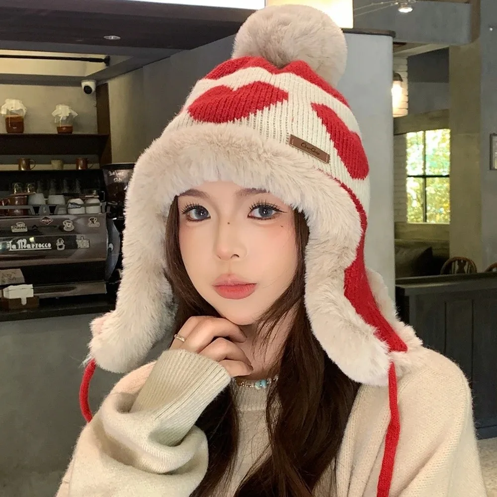 Уютная утолщенная вязаная шерстяная шапка с помпонами, защитная шапка для ушей с принтом «Любовь», защитная шапка для ушей, уличная зимняя шапка