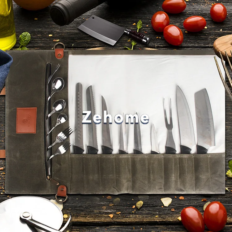 Kitchen Knife Storage Bag Oil Wax Canvas Scratch Resistant Folding Chef Bag Portable Large Capacity Western Chef Toolkit