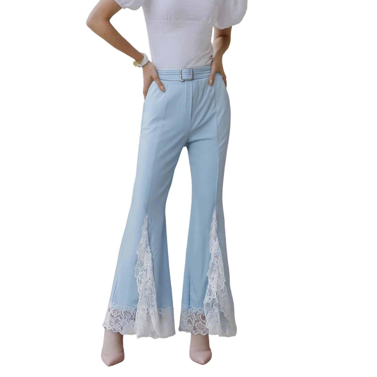 

Женские кружевные расклешенные брюки, модные универсальные повседневные брюки-клеш с высокой талией и поясом