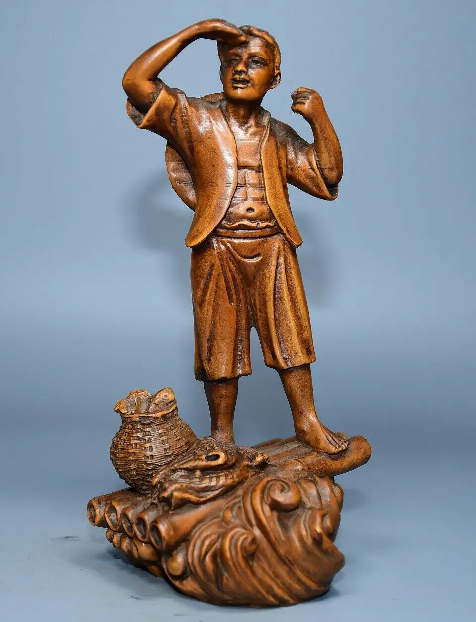 Chinese Antique Wooden Old Fisherman Statue Carved Boxwood Figures Sculpture Art