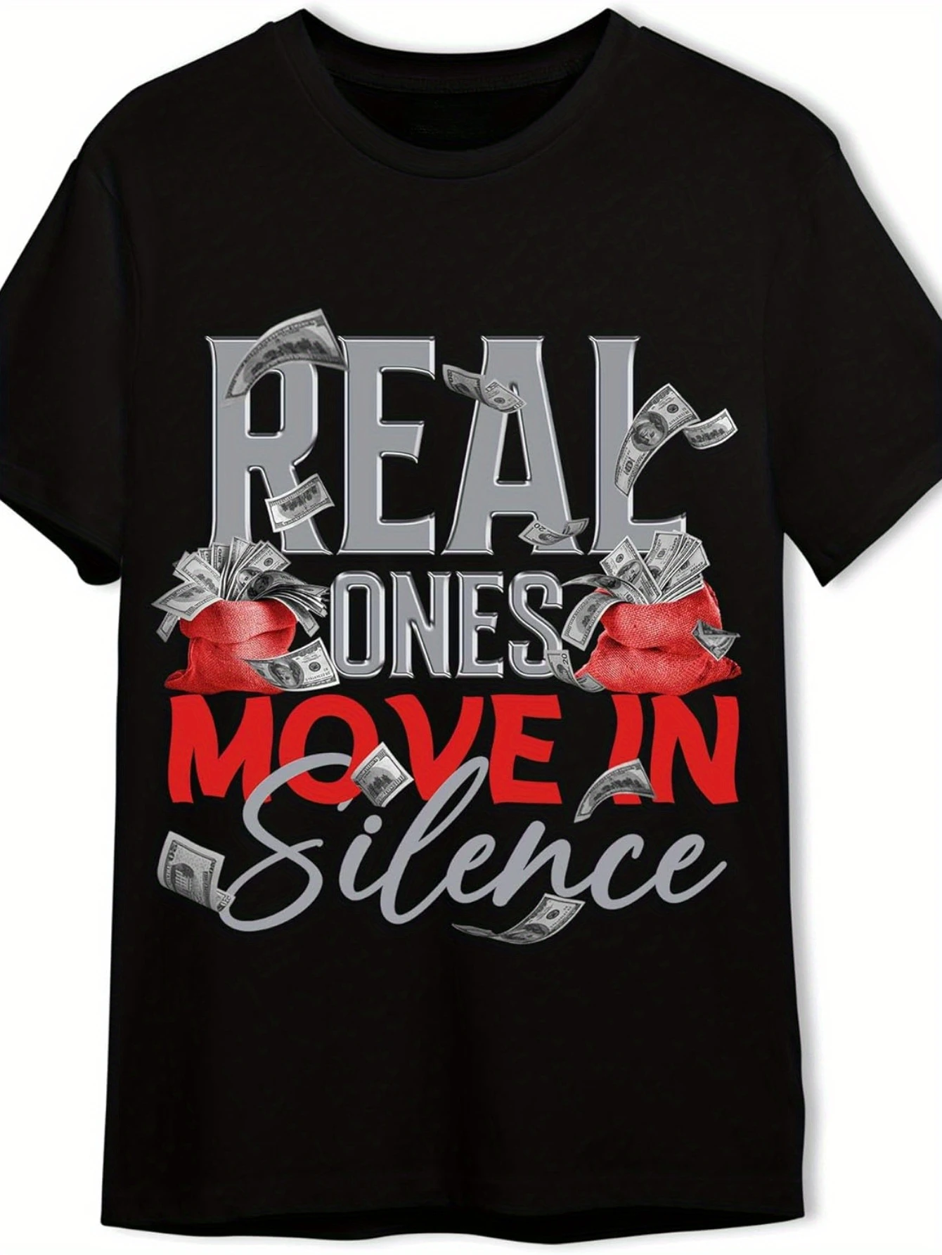 

Men's Pattern T-shirt - Black Pure Cotton T-shirt with Bold Money and Bandage Printed Fit Round Neck Short Sleeve