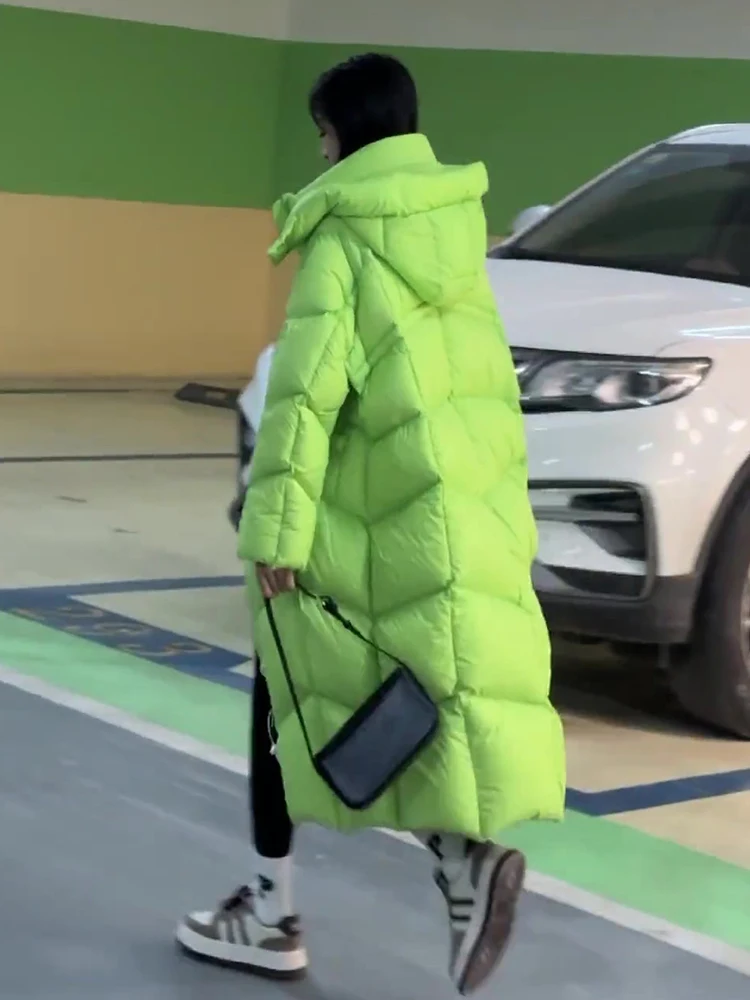 Women Green Long Down Coat 2025 Winter Oversized Duck Down Jacket Warm Knee Length Padded Parka