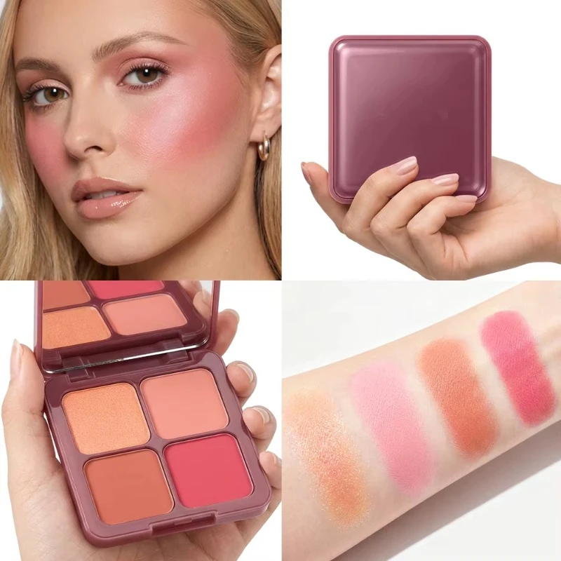Multi-use 4 Color Blush Palette Built-in Brush High Pigment Matte Blush Highlighter Warm Tones Soft Focus Single & Mixed Makeup