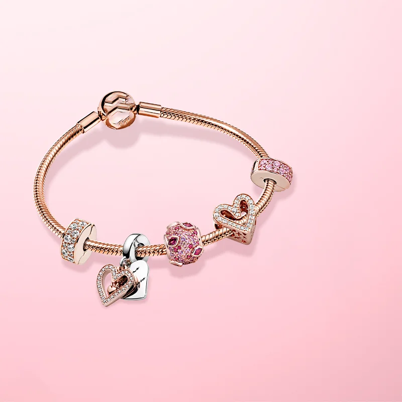 

New Hot Sale Sparkling Rose Gold Heart Flower Dangle Charm Beads Pendant Fit Original 925 Silver Bracelet DIY Jewelry Gifts