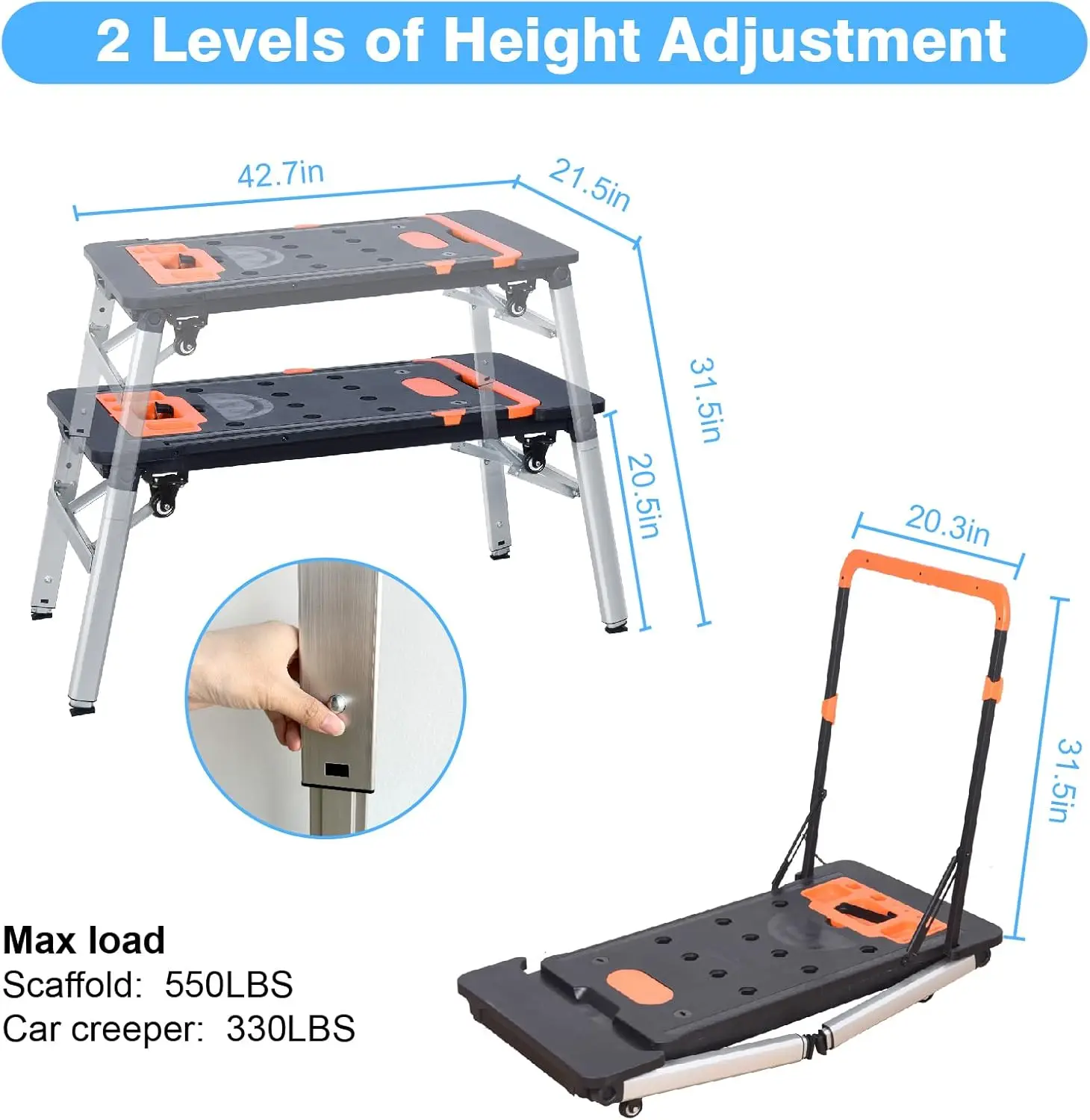 Banco de trabajo portátil plegable 7 en 1, mesa de trabajo pintada como banco de trabajo, andamio, plataforma, caballo de sierra, trepador de automóviles y camión de mano · a la venta