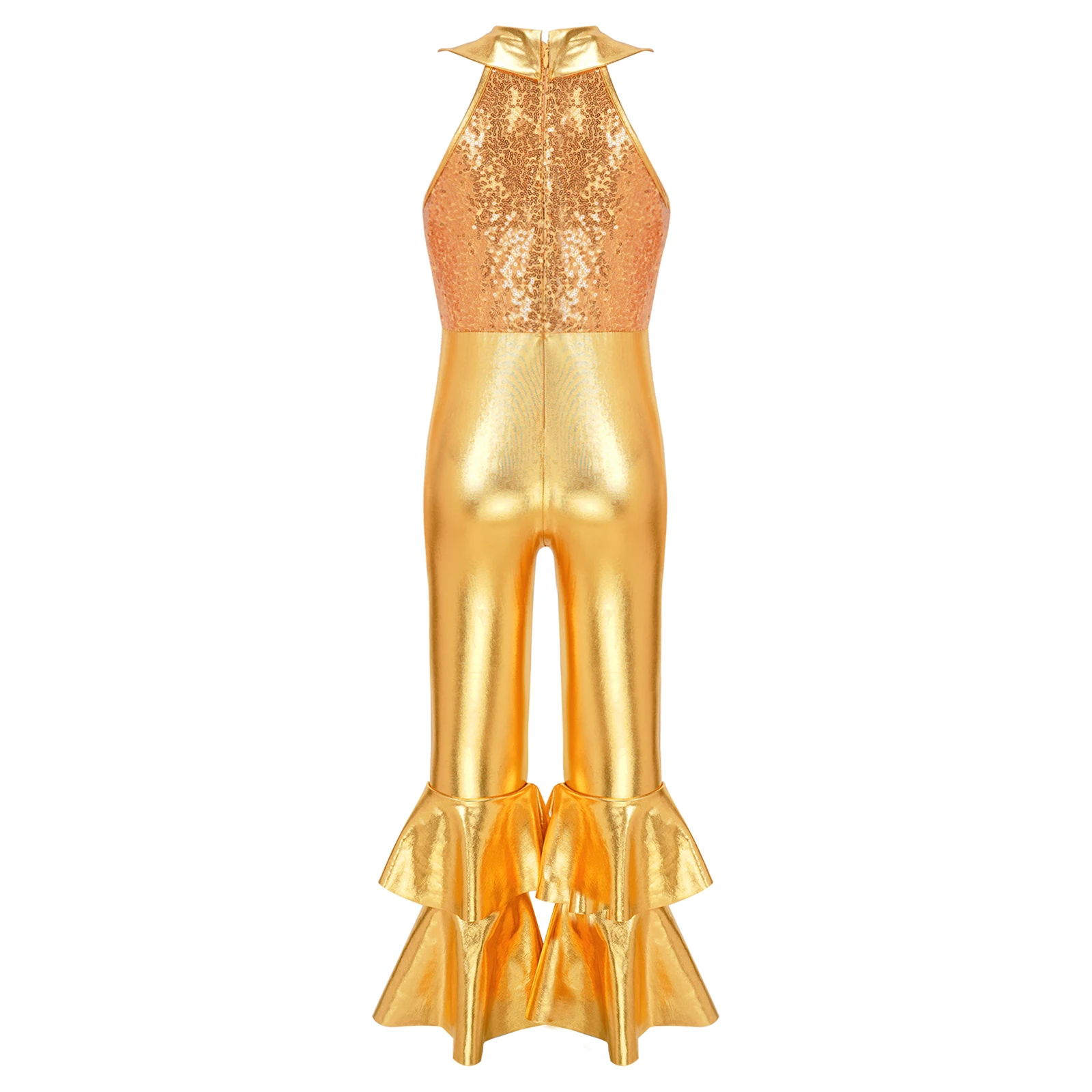 أطفال بنات لامعة الترتر حللا الهبي زي أداء Dancewear بلا أكمام جرس أسفل خمر 60s 70s الهبي زي