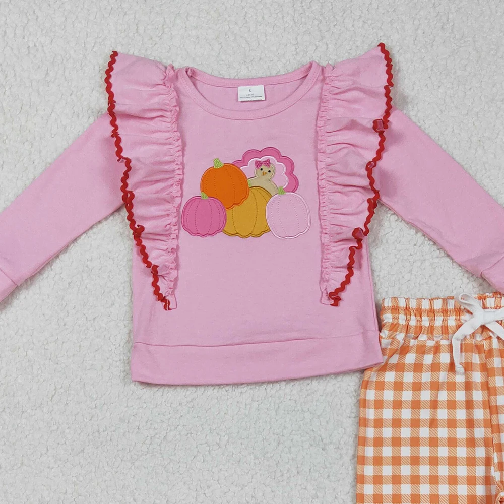 Top de calabaza de pavo de manga larga rosa para niñas con pantalones a cuadros naranjas conjunto de traje de Acción de Gracias para bebés
