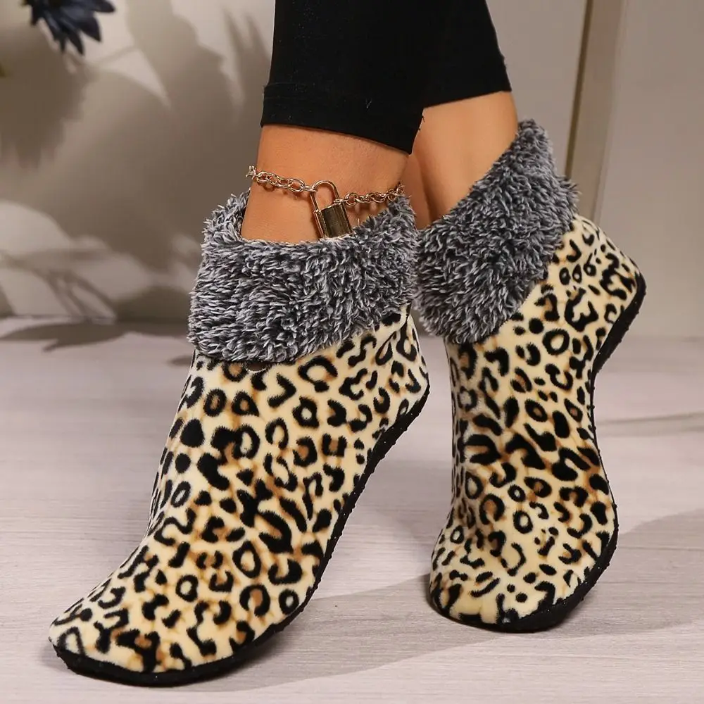 Soft Leopard Print Slipper Socks Women Non Slip Plush Hem Fleece Thicken Socks Fleecing Hosiery Warm Tube Socks Warm