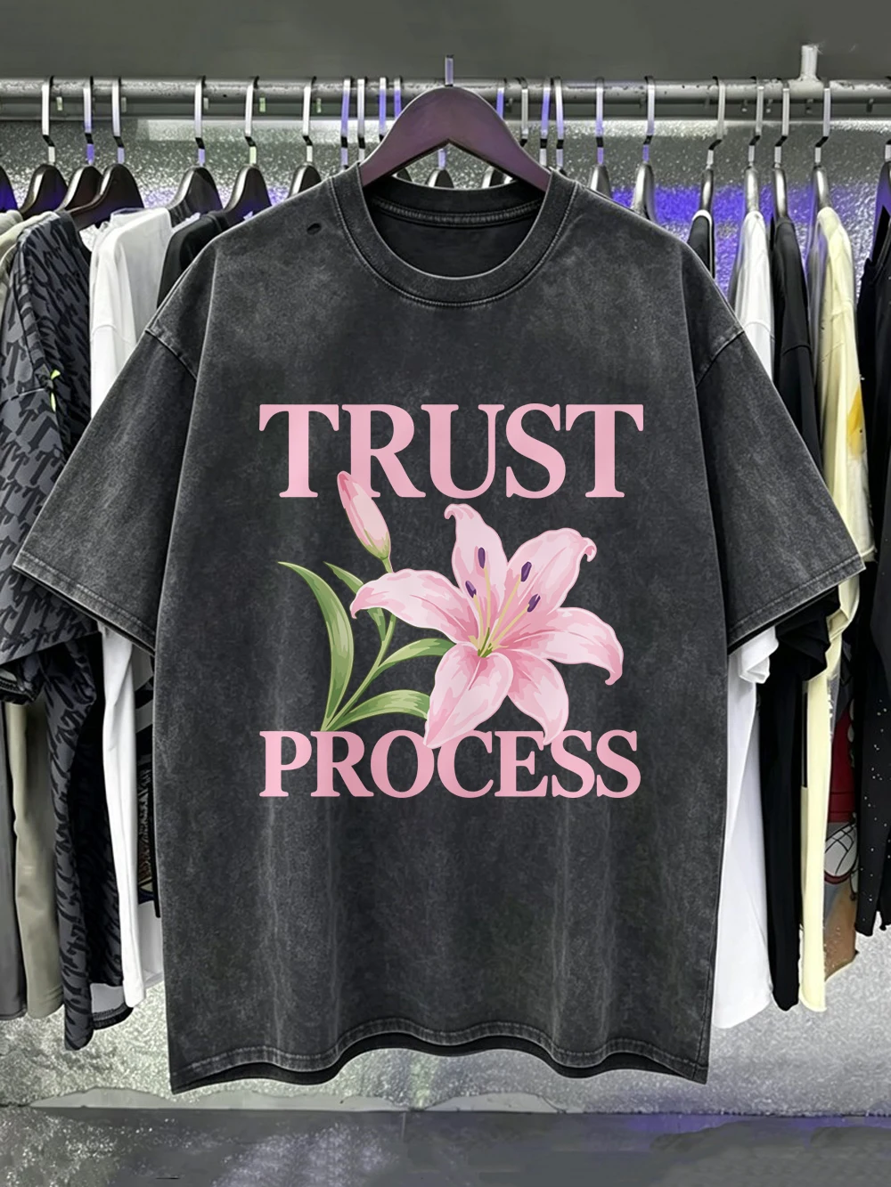 Trust Process Hibiscus Prints Washed T-Shirts Womens Cotton Oversize Tees Casual Street Short Sleeve Tops Summer O-Neck Clothes