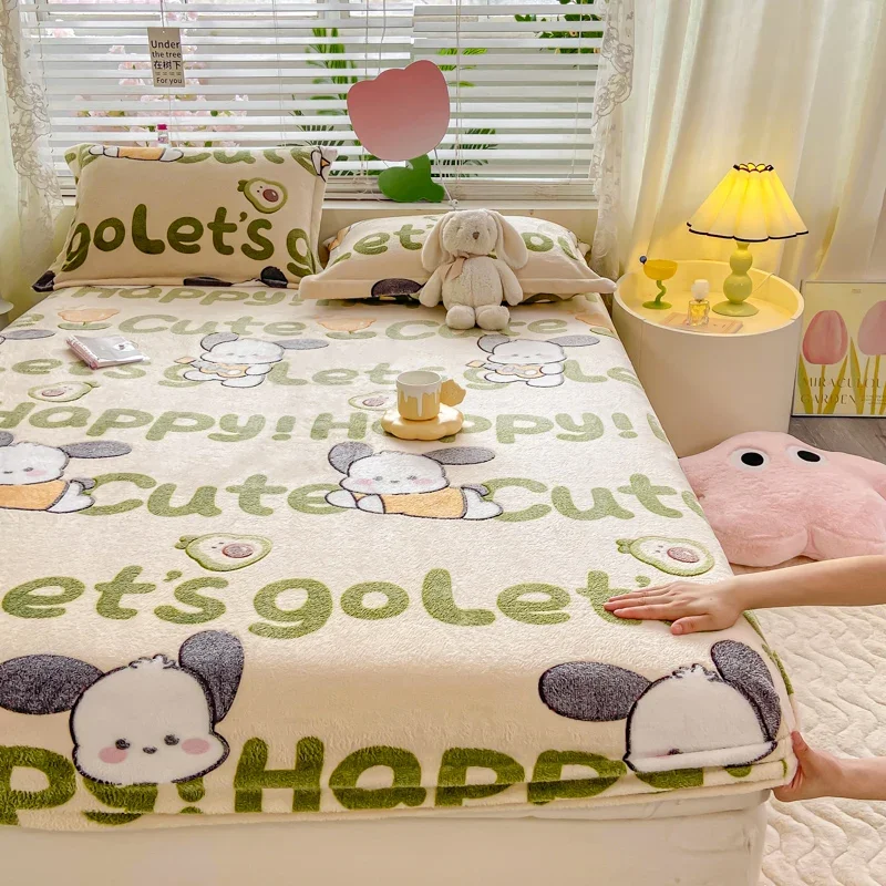 Winter Warm Bed Sheet for Doube Bed Cartoon Style Flannel Fleece Mattress Cover Single/Queen/King Bed Fitted Sheet with Elastic