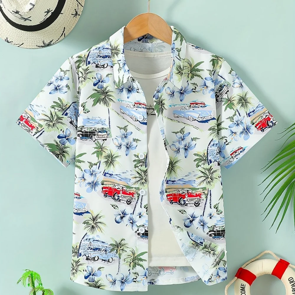 Hawaiianisches Kinderhemd, Kokosnussbaum-Muster, bedruckt, kurzärmeliges Kinderhemd, Urlaub, Meer, Oberteile, Outdoor-Kinderkleidung
