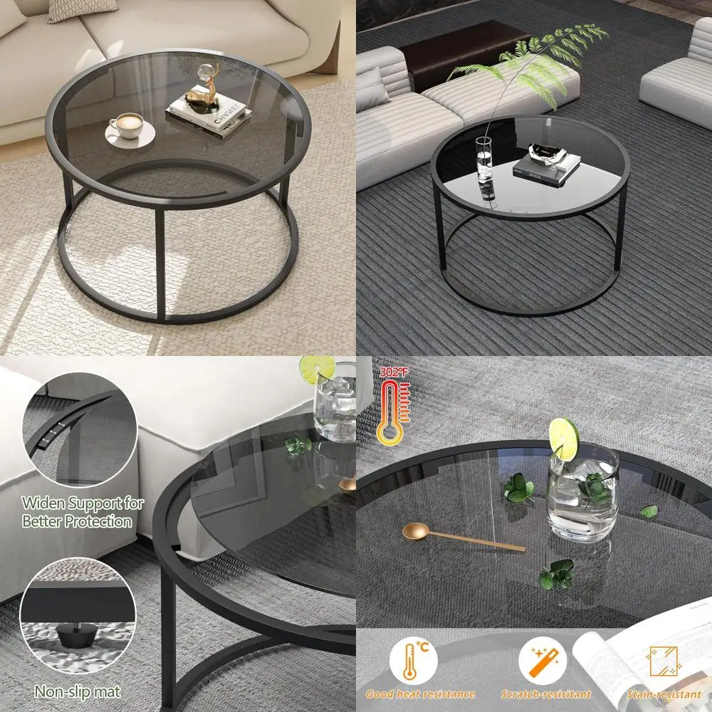 

Modern Minimalist Round Glass Coffee Table with Metal Frame for Living Room, Bedroom, Office - 27 x 27 x 17, Gray Black