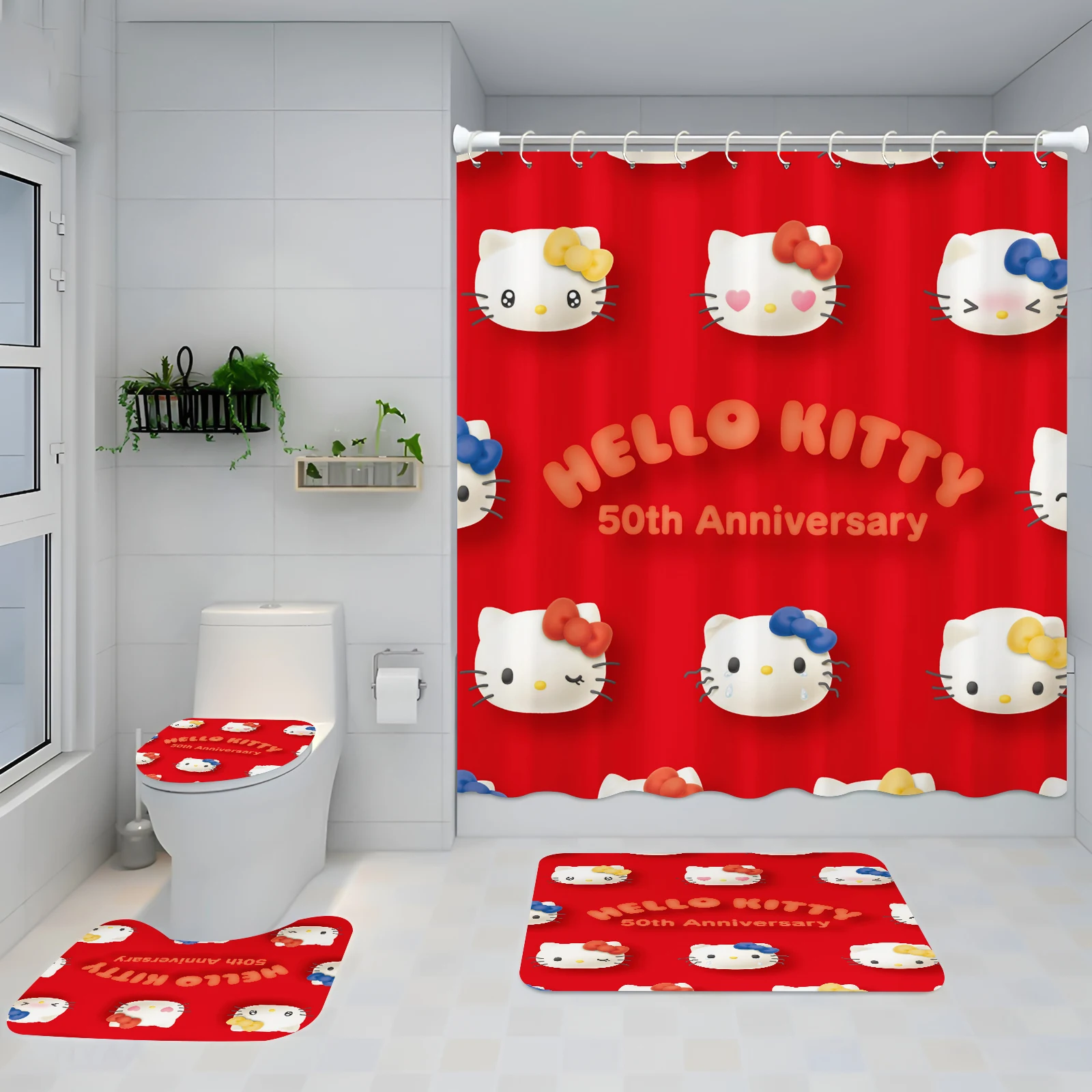 Cartoon Hello Kitty Shower Curtain Sanrio Cute 4 Piece Bathroom Interesting Decorations Sets Full Set Accessories Curtains Bath