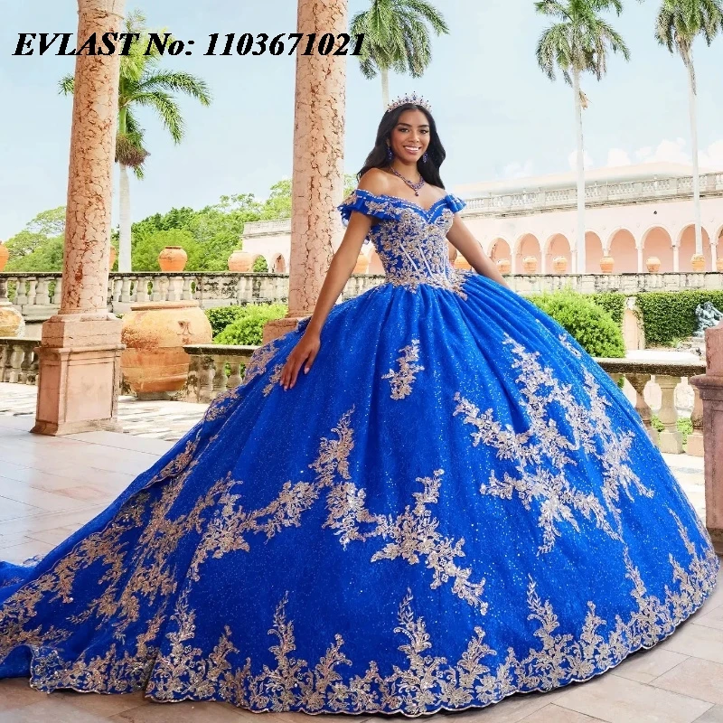 EVLAST-Robe Quinceanera personnalisée bleu royal avec appliques en dentelle dorée, corset perlé, robe de fête d'anniversaire Sweet 16, SQ271