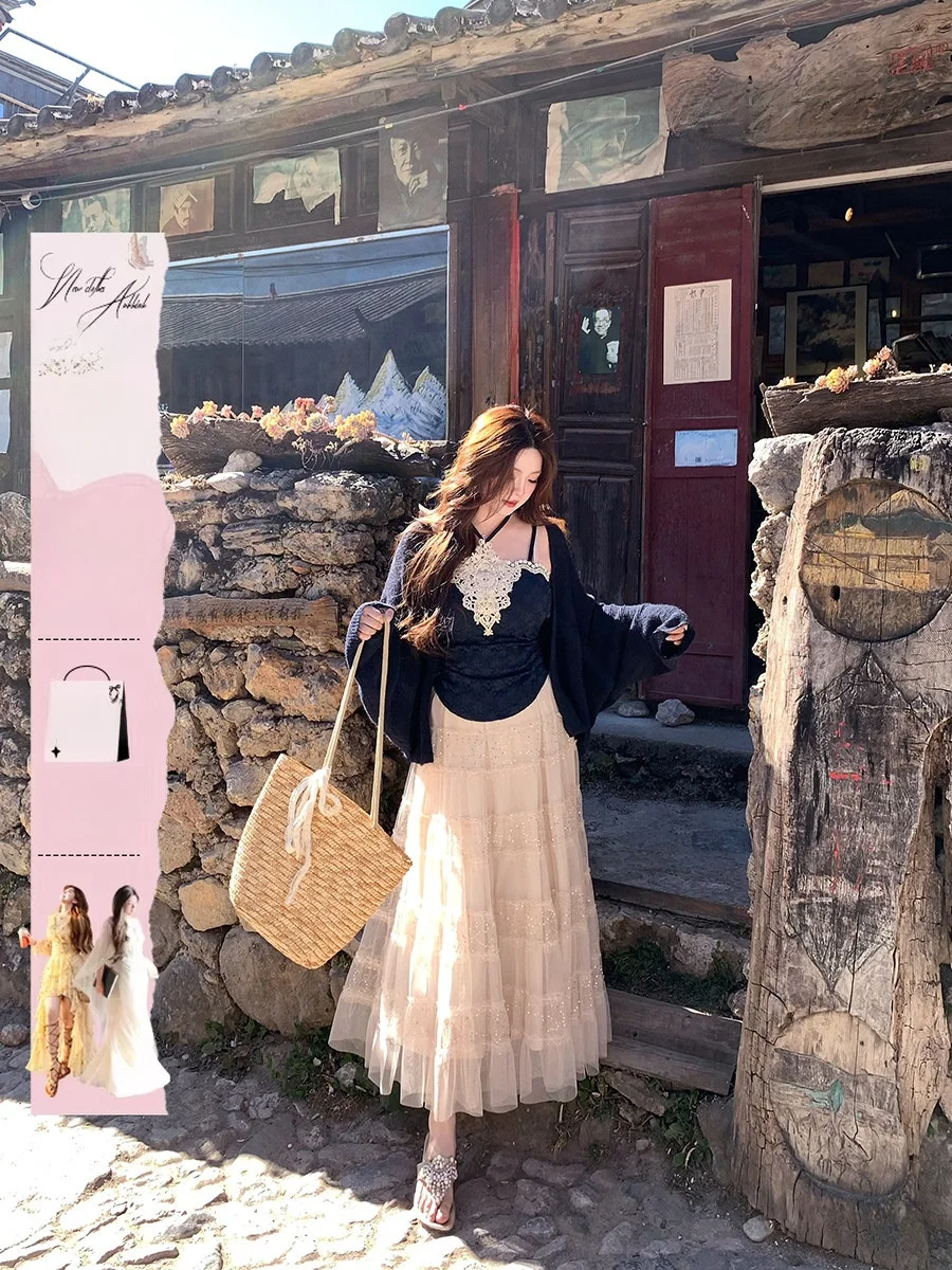 

Комплект женской одежды Annie: юбка с кружевной отделкой и пайетками, топ-футболка, большие размеры, праздничный стиль, модный комплект из двух предметов