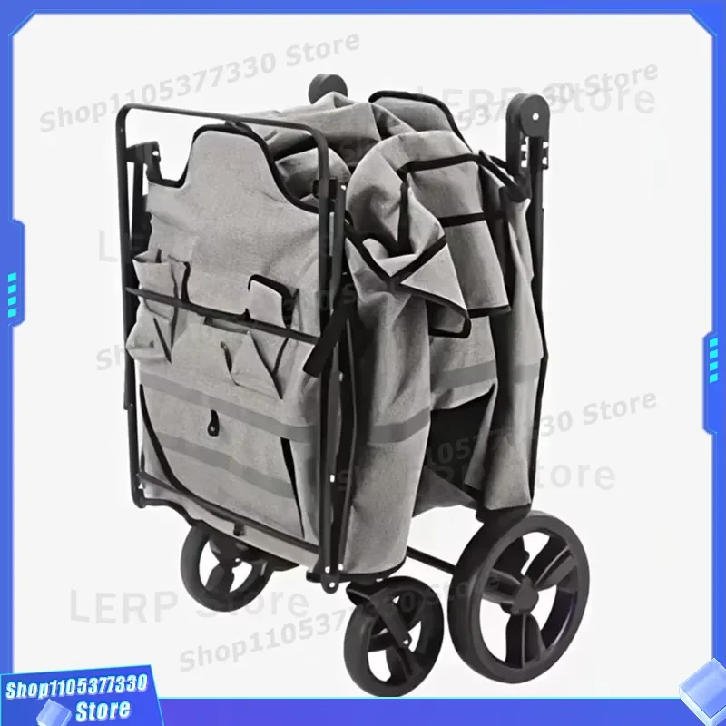 Foldable Kids Wagon with Canopy Push Pull Cart for Camping Shopping Outdoor Travel Sturdy Steel Frame Children Utility Wagon