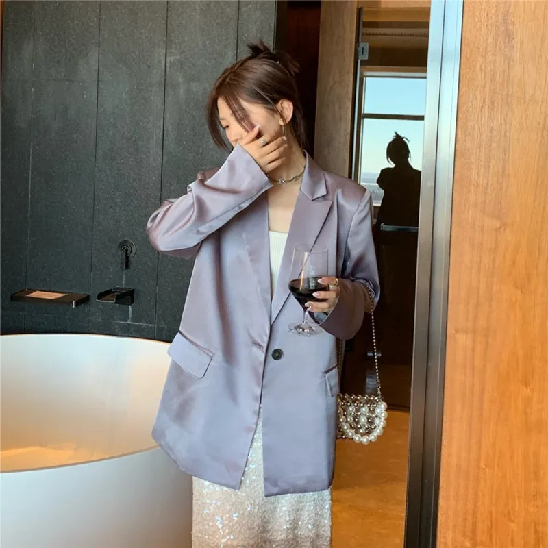 Spring Autumn New High Quality Grey-purple Suit Jacket Women Single Button Notch Collar Casual Loose Female Short Blazers Coat