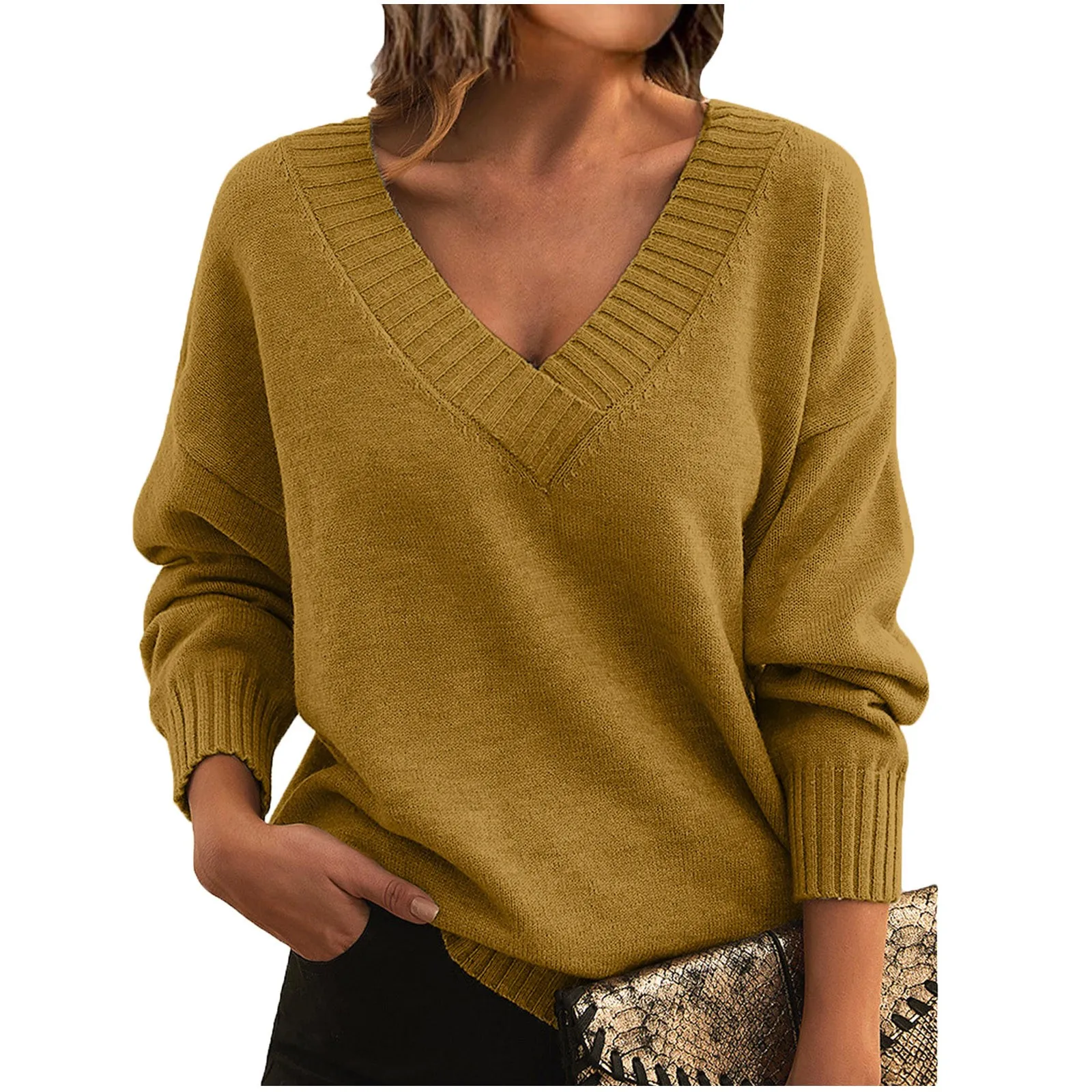

Женский базовый повседневный однотонный свитер с v-образным вырезом, теплый пуловер с длинными рукавами, модная мешковатая одежда