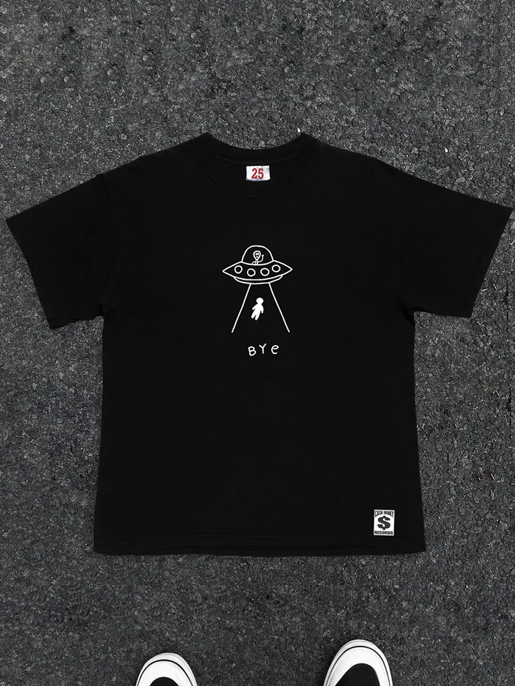 Loose Black Alien Spaceship Graffiti Short Sleeve T-Shirt Unisex Youth Fashion Summer Top round Neck Shoulder Pad T-Shirt