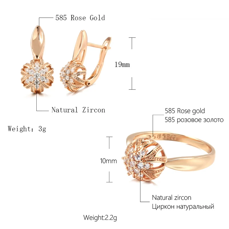 Wbmqda Luxury Crystal Flower Drop Earrings Ring For Women 585 Rose Gold Color With Natural Zircon Classic Ethnic Jewelry Sets