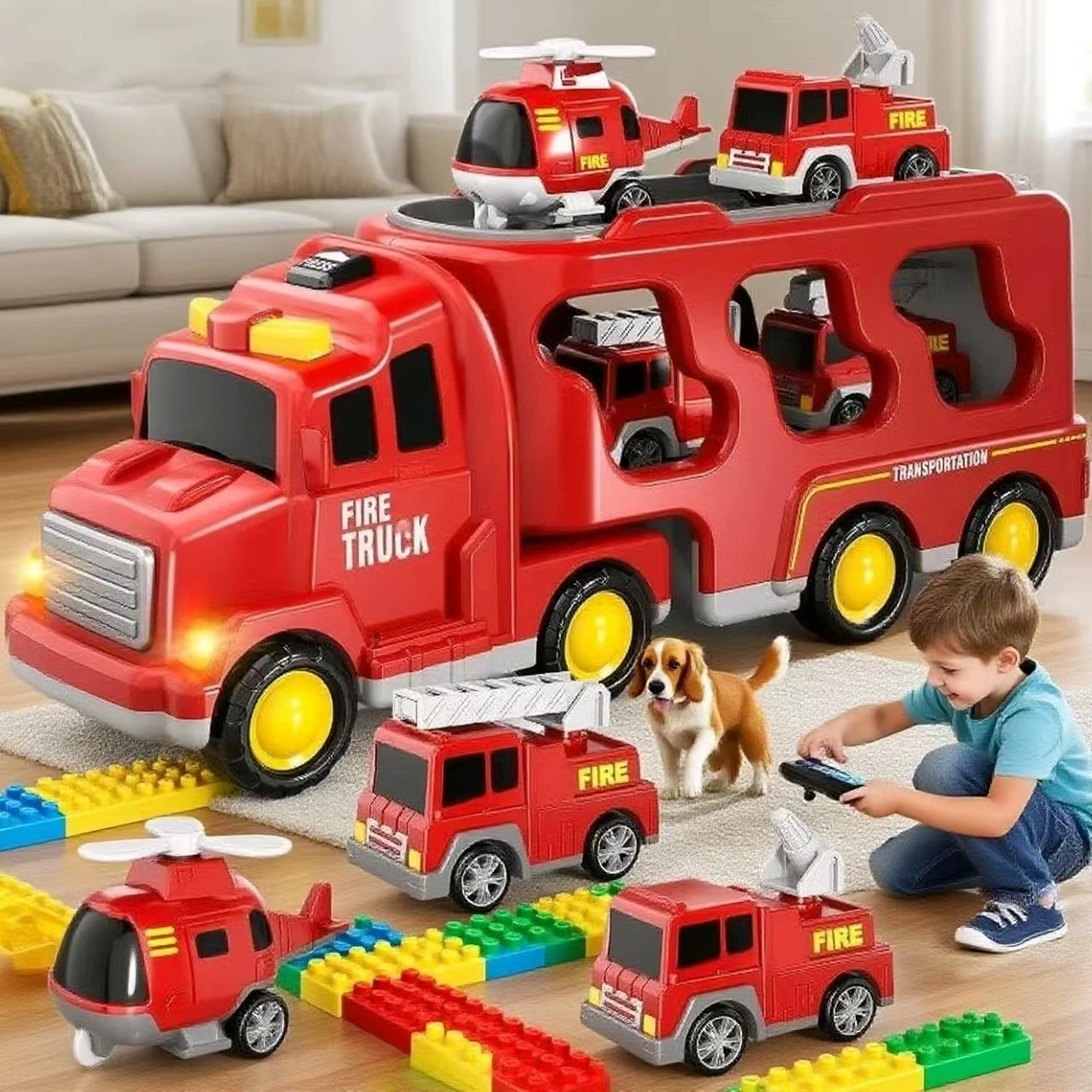 7-in-1 다기능 시티 트럭 장난감 세트 - 어린이를 위한 LED 조명이 포함된 마찰 구동 및 풀백 건설 차량