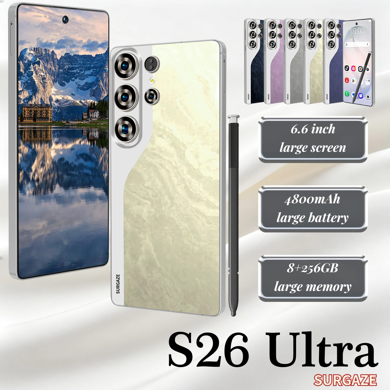SURGAZE Global Version S26 Ultra Smartphone 5G Android 4800mAh 12GB RAM 512GB ROM 6.6Inch 24+48MP Dual SIM Network Mobile Phone