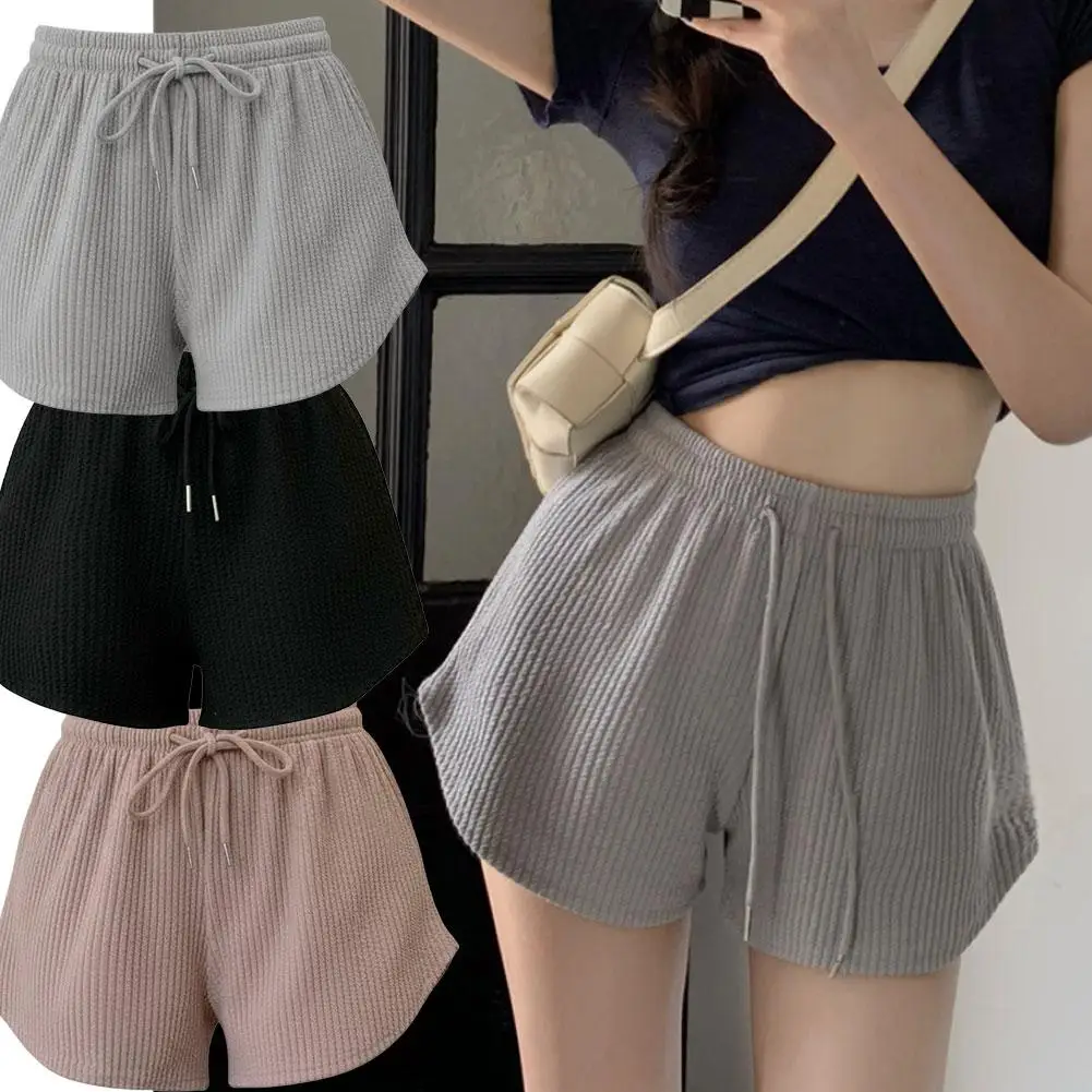 Women New Summer Fitness Running Loose Casual Sports Short PantsPit Stripe Lace-up Drawstring Solid Hight Waist Wide Leg Shorts