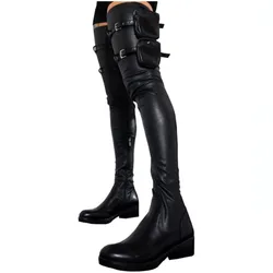 2025 Over De Knie Vrouwen Laarzen Pu Leer Lage Hakken Zak Zakken Laarzen Vrouwen Dij Hoge Laarzen Herfst Winter vrouwen Schoenen