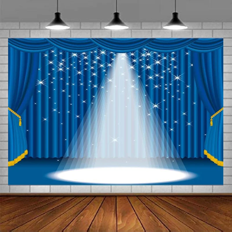 Stage Spotlight Photography Backdrop Blue Curtain Spotlight on Theater Stage Shining Stars Background Birthday Party Celebration