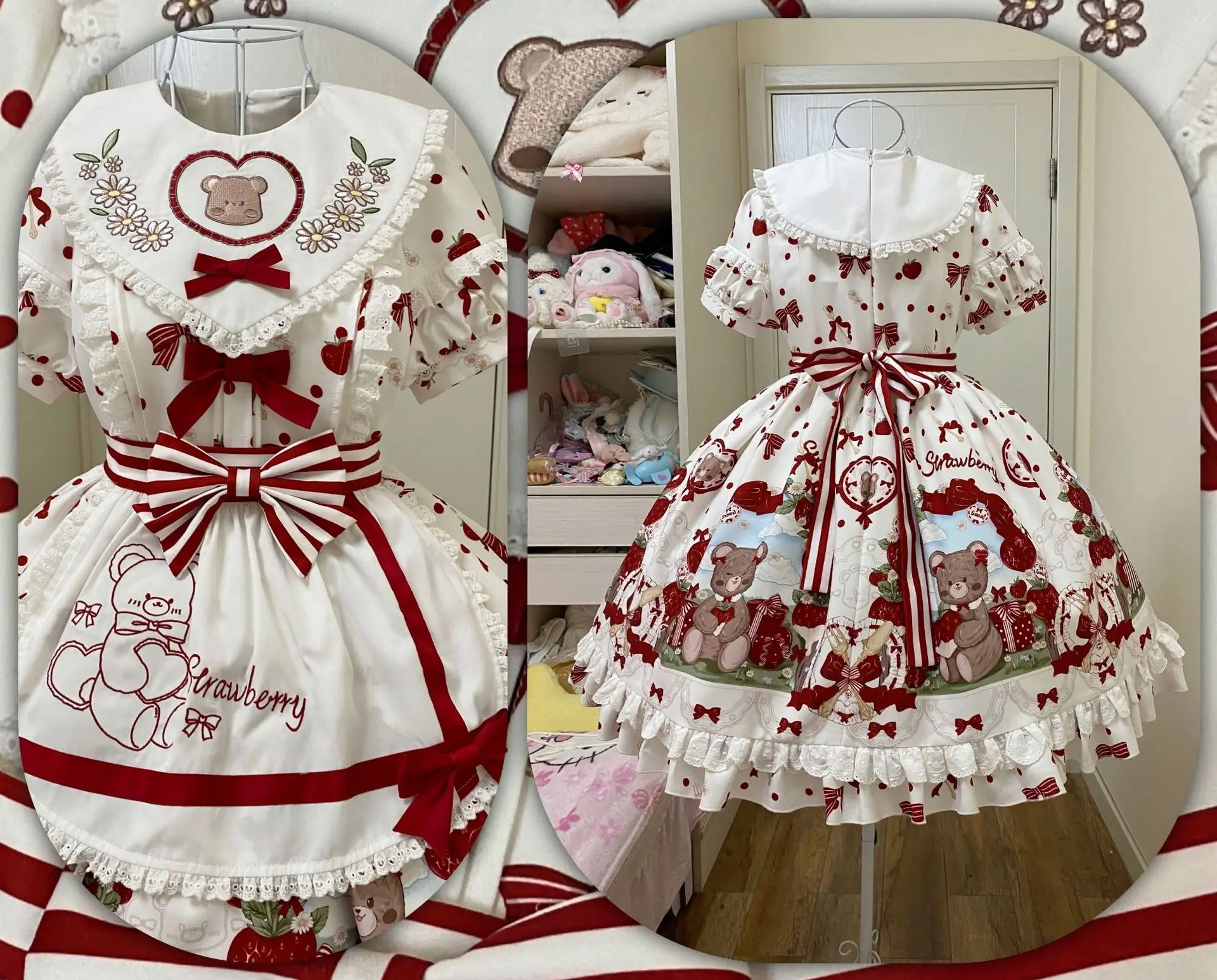 Delantal de vestido de una pieza de longitud media, diseño Original japonés, dibujo de fresa, oso, Lolita, diario, dulce niña, dulce burbuja, manga corta