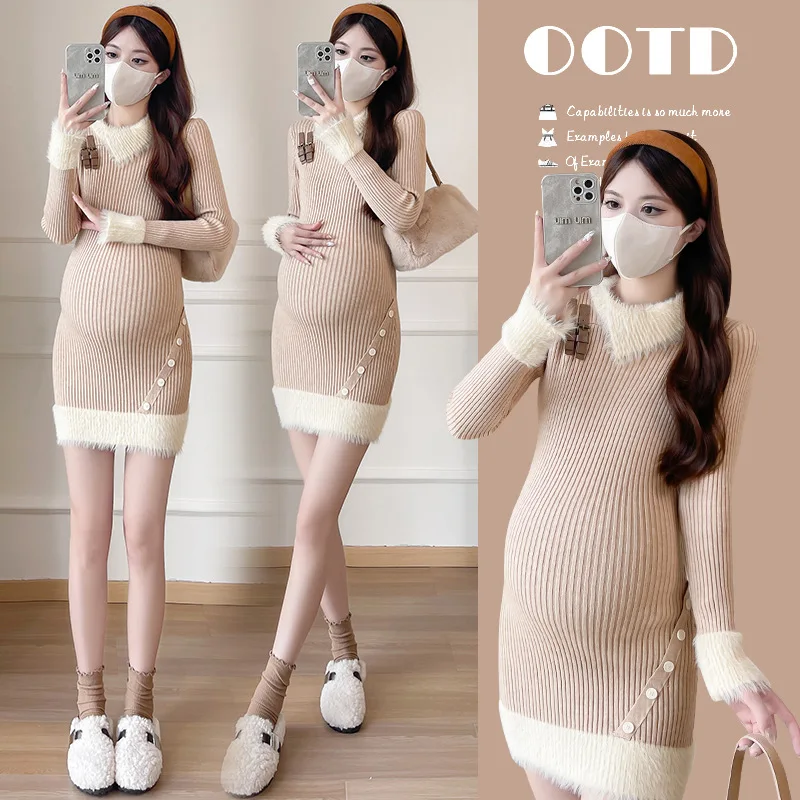 abito-premaman-2025-nuovo-autunno-e-inverno-moda-mamma-collo-di-pelliccia-lavorato-a-maglia-elegante-aderente-anca-morbido-abito-confortevole-orlo-in-peluche