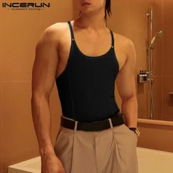 2023 Men Bodysuits Solid Color O-neck Sleeveless Skinny Sexy Pajamas Rompers Streetwear Casual Tank Tops Bodysuit S-5XL INCERUN