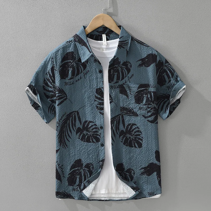 Summer Japanese fashion trend urban printed short sleeved shirt for men, versatile, artistic, casual, simple and loose top