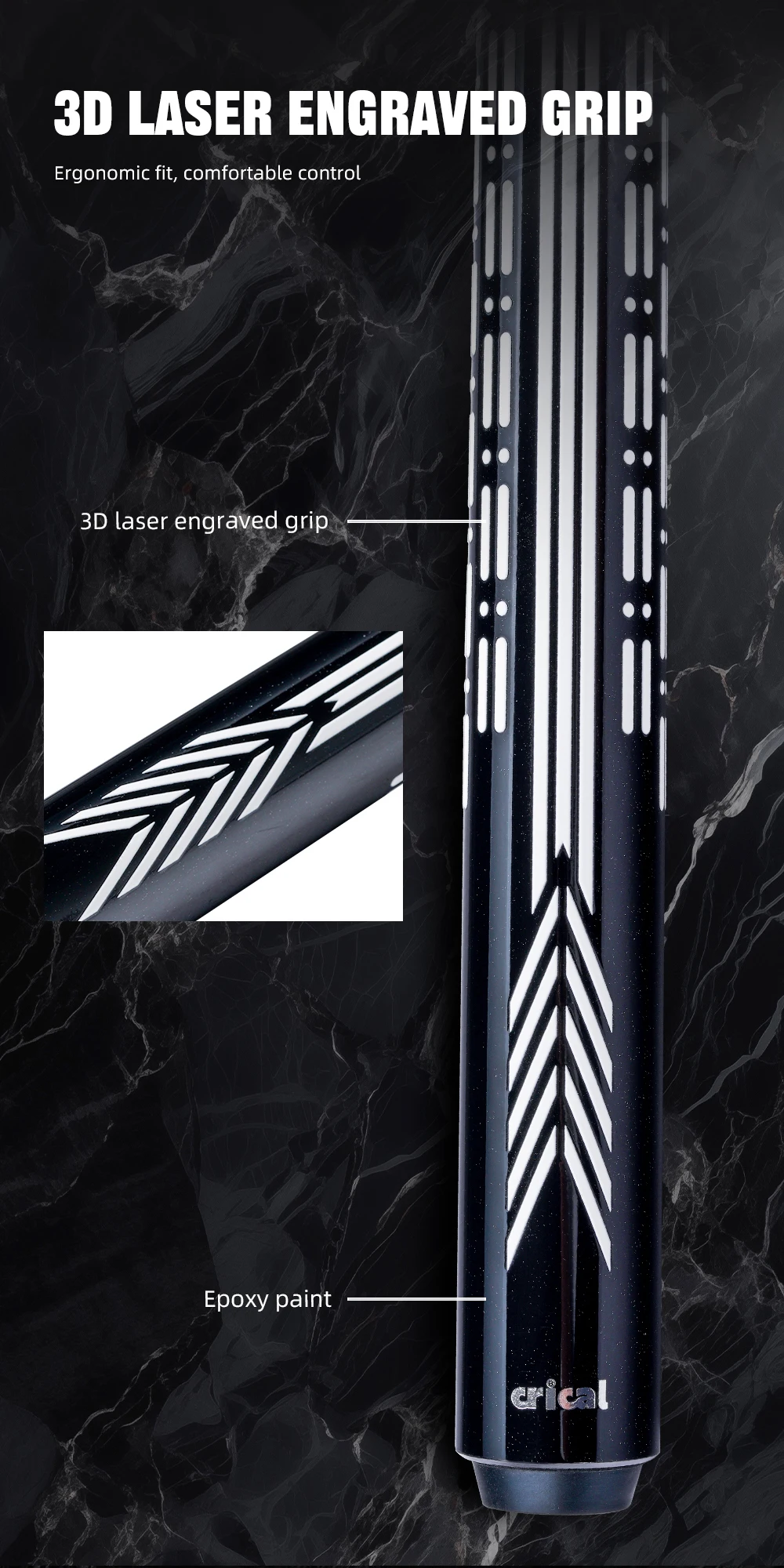 Carbonfaser-Billardqueue mit geringer Abweichung, 3D-Griff ohne Wickel, 12,5 mm 8-lagige Spitze, 3/8x8 Verbindung, 58 Zoll, 19-20 oz, Billard CRICAL – Detail 3