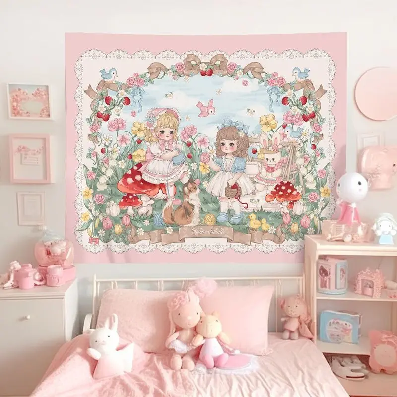 VIKAMA Lolita Lace Bear Rabbit Party Tapestry Fairy Tale Cute Pet Background Buns Dormitory Decoration Tapestry Room Decoration