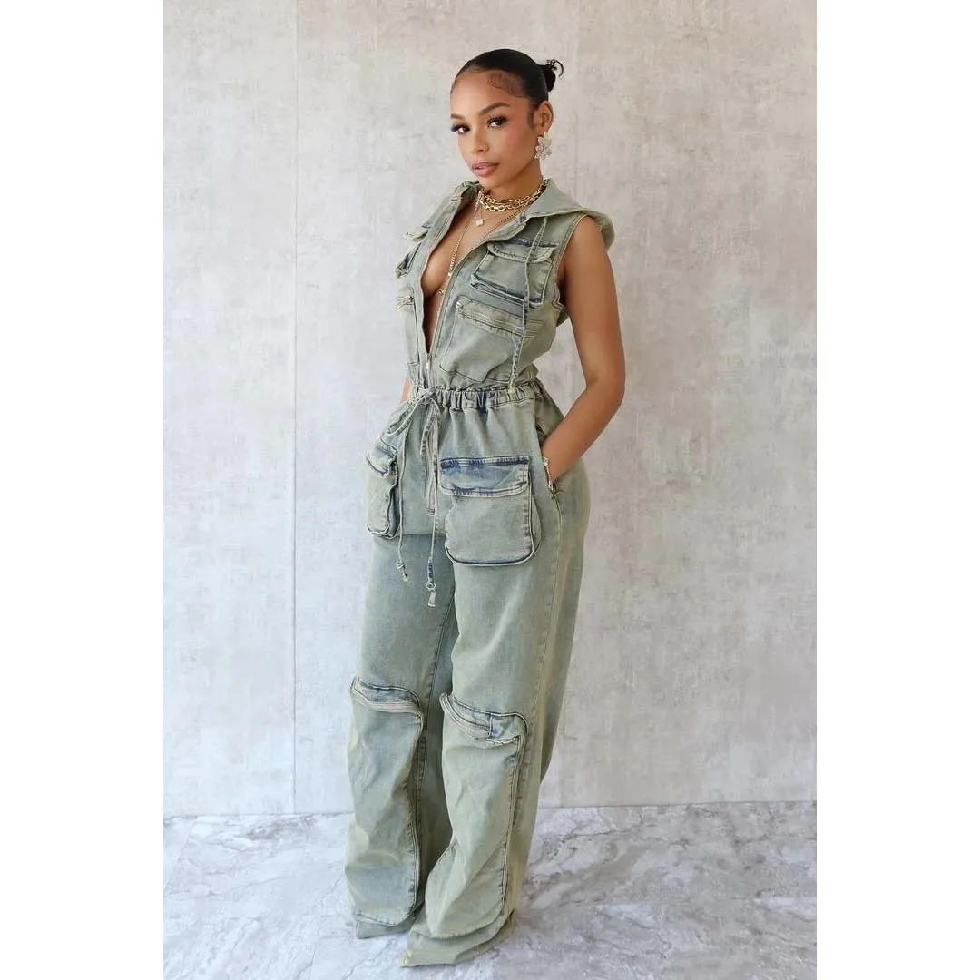 Denim Jean Jumpsuit for Women Summer Clothes Hoodie Tops Pocket Cargo Pant Y2K Streetwear One Piece Denim Cargo Pants Rompers