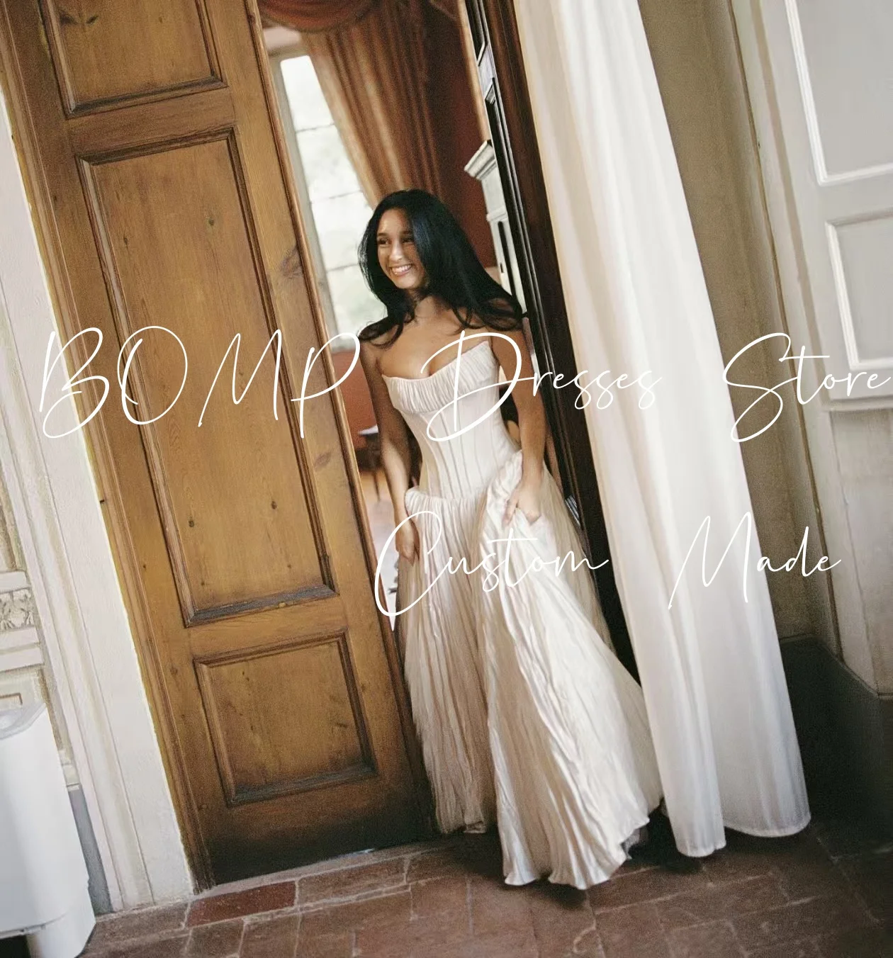 Suknia ślubna BOMP w stylu vintage, plisowana, bez ramiączek, drapowana, o kroju litery A, do ziemi, z satyny w kolorze kości słoniowej, szyta na miarę, Vestido de novia