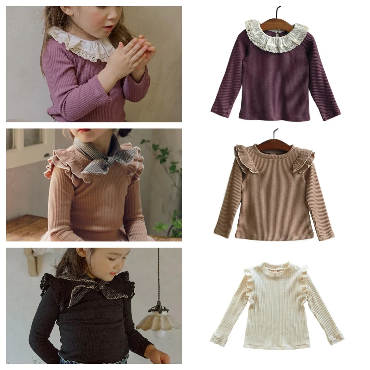 Kids Girls T Shirt 2024 Autumn New Toddler Baby Girls Lotus Leaf Cute Lace Long-sleeved Knit T-shirt Tops