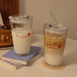 Cute Letter Korean Glass Water Bottle With Straw And Lid  480ml Simple Coffee Milk Juice Breakfast Glass Cups For Drinks Gift