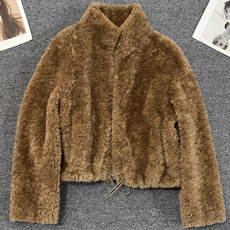 Abrigo corto de piel sintética para mujer, ropa holgada de alta calidad, color marrón cálido, francés, de manga larga, color blanco roto, Otoño e Invierno