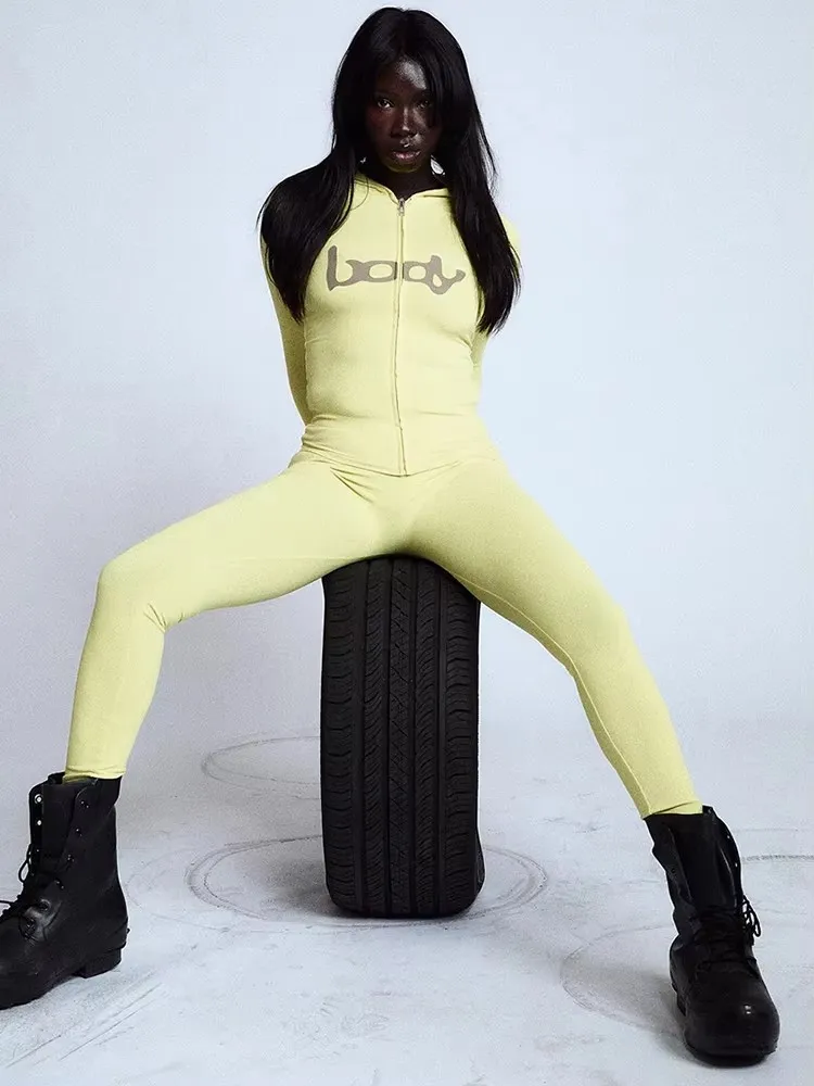 Weird Puss lettre impression survêtement 2 pièces ensemble femmes veste à capuche + Leggings correspondant Stretch rue décontracté sportif mince tenues