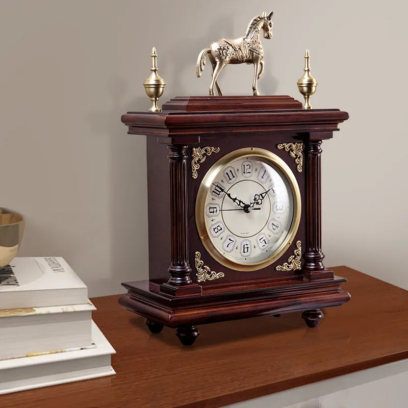 Brass European table clock New Chinese classical solid wood Living room table American retro home clock
