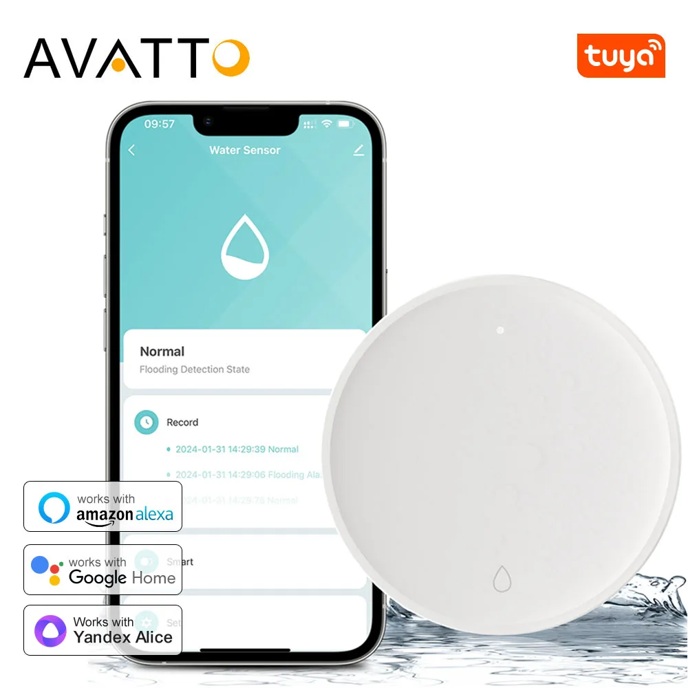 

Умный детектор утечки воды AVATTO Tuya Zigbee, система сигнализации с переливом воды, оповещения об оповещениях приложений, для Alexa, Google Home