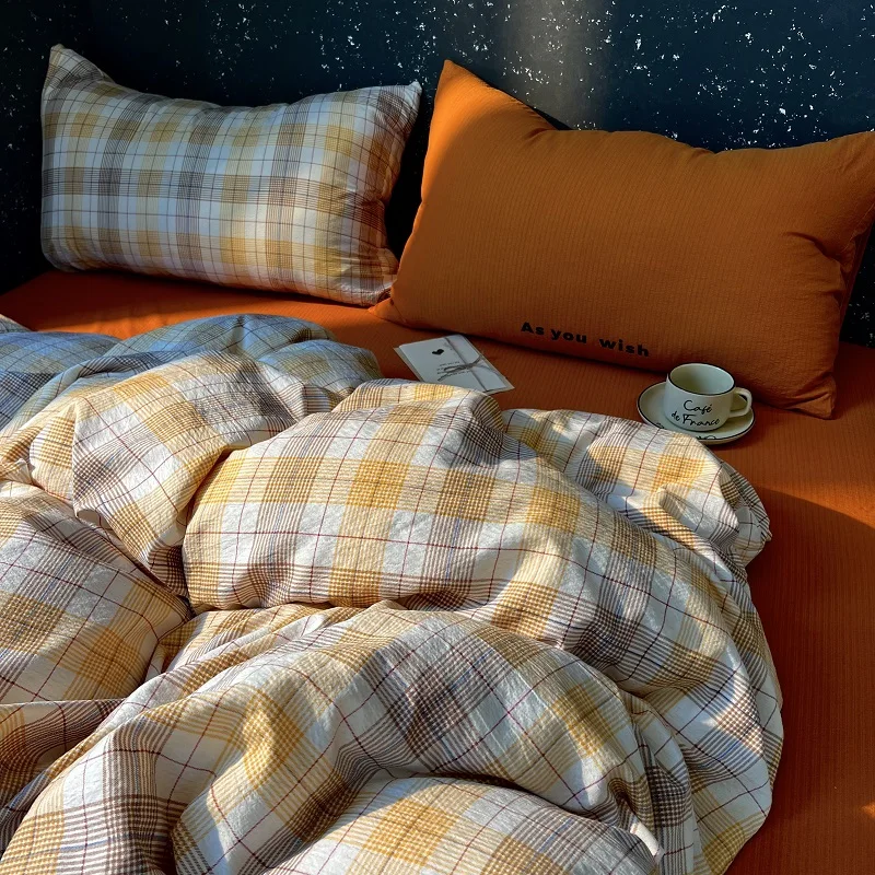 High Quality Beauty Bedding Set Plaid Duvet Cover Bed Sheet Set With Pillowcases Adult Dormitory Queen Size Winter Home Decor