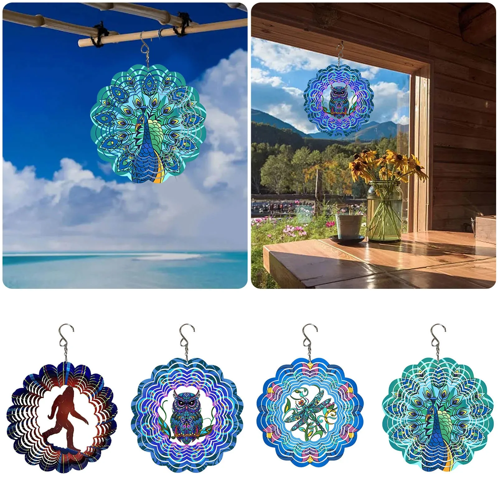 

Peacock Metal Wind Spinners for Yard and Garden Hanging Decoration 3D Kinetic Owl Bird Animal Spinner Chime Outdoor Indoor Decor